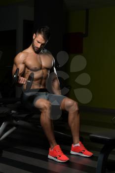 Handsome Man Working Out Biceps In A Dark Gym - Dumbbell Concentration Curls