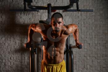 Young Muscular Fitness Bodybuilder Doing Heavy Weight Exercise For Triceps And Chest on Parallel Bars In The Gym