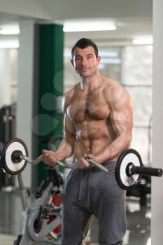 Handsome Hairy Man Working Out Biceps In A Fitness Center Gym