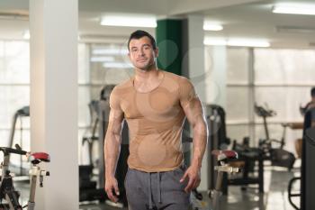 Handsome Young Man Standing Strong in Brown T-shirt and Flexing Muscles - Muscular Athletic Bodybuilder Fitness Model Posing After Exercises