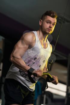 Handsome Muscular Fitness Bodybuilder Doing Heavy Weight Exercise For Triceps In The Gym