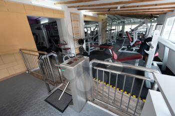 Modern Entrance Close Up In Gym Room Fitness Center With Equipment And Machines