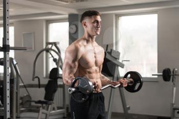 Young Athlete In The Gym Performing Biceps Curls With A Barbell