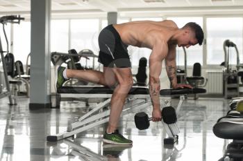 Man Working Out Back In A Gym - Dumbbell Concentration Curls