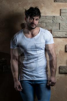 Portrait of Handsome Young Man in Jeans Clothes Looking at Camera - Standing Against Brick Wall on Copy Space