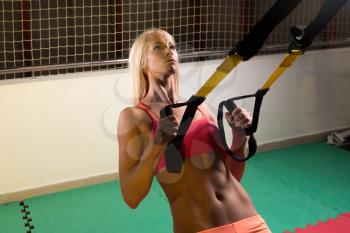 Attractive Woman Performing Push Ups With Trx Fitness Straps in the Gym
