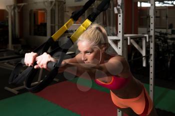 Fitness Woman Exercise Push-ups With Trx Fitness Straps in the Gym