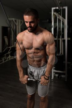 Handsome Muscular Fitness Model Doing Heavy Weight Exercise For Triceps In The Gym