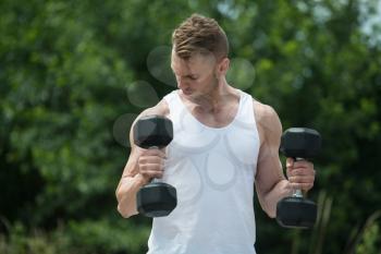 Man Working Out Biceps In Outdoors - Dumbbell Concentration Curls
