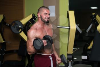 Man Working Out Biceps In A Gym - Dumbbell Concentration Curls