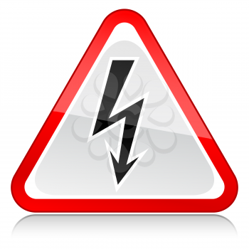 Red attention hazard warning sign with black hight voltage symbol with reflection on a white background