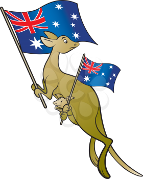 Royalty Free Clipart Image of Kangaroos with Flags