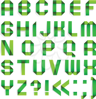 Alphabet folded paper - Green letters. Roman alphabet (A, B, C, D, E, F, G, H, I, J, K, L, M, N, O, P, Q, R, S, T, U, V, W, X, Y, Z)