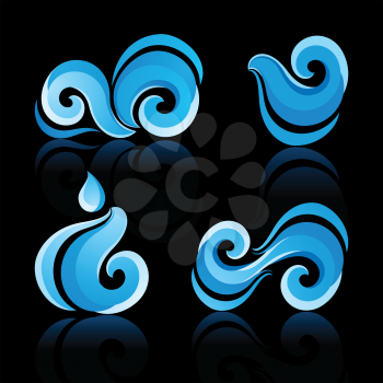 Wave and water icons with reflection on black background