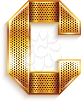 Font folded from a metallic gold perforated ribbon - Letter C. Vector illustration 10eps.