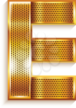 Font folded from a metallic gold perforated ribbon - Letter E. Vector illustration 10eps.