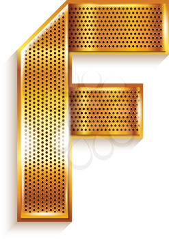 Font folded from a metallic gold perforated ribbon - Letter F. Vector illustration 10eps.