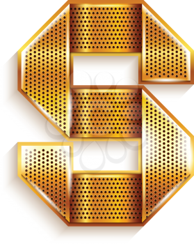 Font folded from a metallic gold perforated ribbon - Letter S. Vector illustration 10eps.