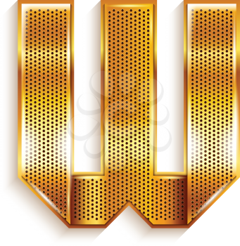 Font folded from a metallic gold perforated ribbon - Letter W. Vector illustration 10eps.