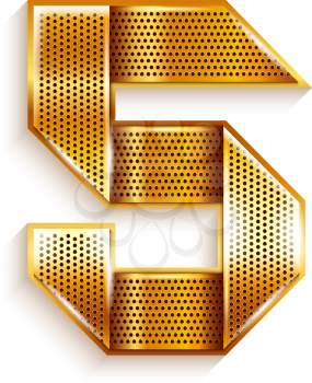 Arabic numeral folded from a metallic perforated golden ribbon  - Number 5 - five, vector illustration 10eps