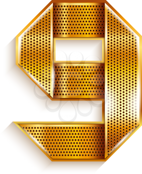 Arabic numeral folded from a metallic perforated golden ribbon  - Number 9 - nine, vector illustration 10eps