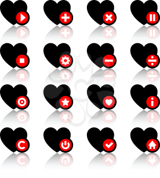 Icons set - black hearts and red buttons. Vector illustration