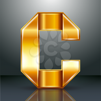 Font folded from a golden metallic ribbon - Letter C. Vector illustration 10eps.