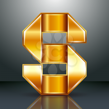 Font folded from a golden metallic ribbon - Letter S. Vector illustration 10eps.