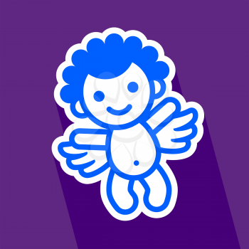 Colored sticker angel on violet background, vector illustration