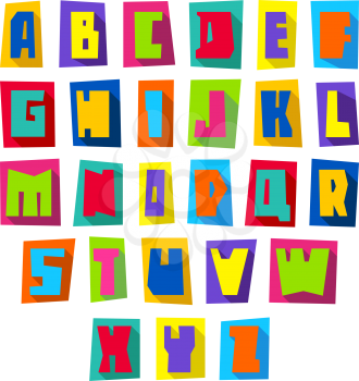 New font, cut colorful letters on a colored paper sheets with shadow, uppercase