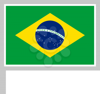 Brazil flag on flagpole, rectangular shape icon on white background, vector illustration.