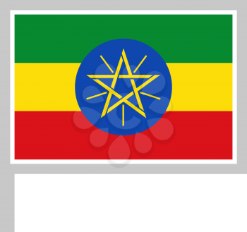 Ethiopia flag on flagpole, rectangular shape icon on white background, vector illustration.