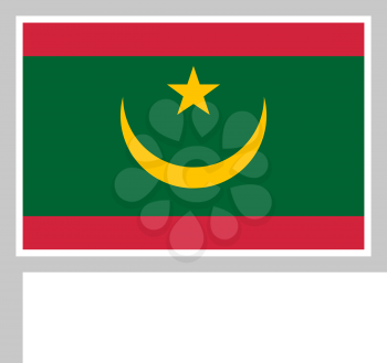 Mauritania new flag on flagpole, rectangular shape icon on white background, vector illustration.