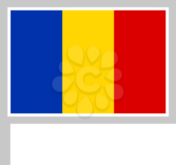 Romania flag on flagpole, rectangular shape icon on white background, vector illustration.