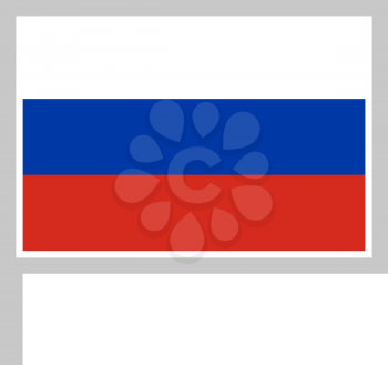 Rossia flag on flagpole, rectangular shape icon on white background, vector illustration.