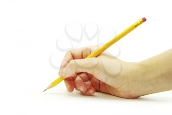 Pencil in woman hand isolated on white background