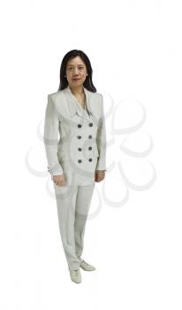 Asian woman dressed in white business formal suit on white background
