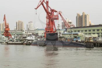 Surfaced Chinese submarine in the Huangpu River within Shanghai China