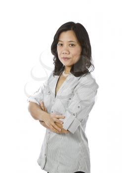 Asian women expressing content while wearing causal business clothing on white background