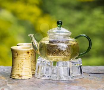 Photo of organic green tea in glass pot with ceramic cups on blurred out seasonal tree background