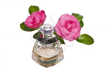 Golden color perfume bottle with pink flowers on white background