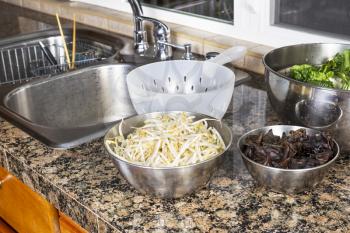 Bean sprouts, Chinese wood ears, and Choy on top of kitchen counter next to stainless steel sink with plastic strainer