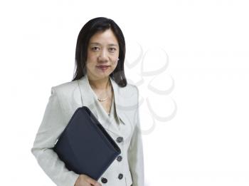 Asian woman dressed in business formal white outfit with leather case on white background