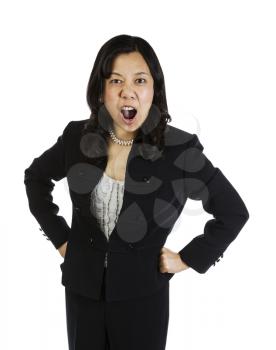 Mature Asian woman showing extreme anger on white background