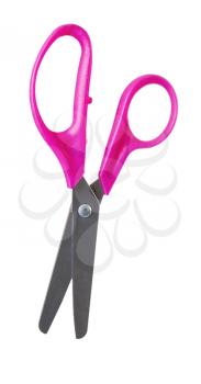 Vertical photo of pink handled scissors on white background 