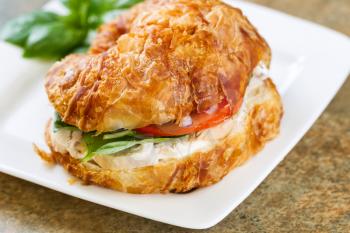 Horizontal photo of a chicken salad, tomato, basil, and onion inside croissant bread on white square plate resting on natural stone counter 