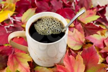 Horizontal photo of fresh black coffee in cup including spoon with seasonal autumn leaves surrounding mug 