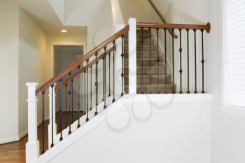 Horizontal photo of residential home staircase made of iron and wood with carpet on steps