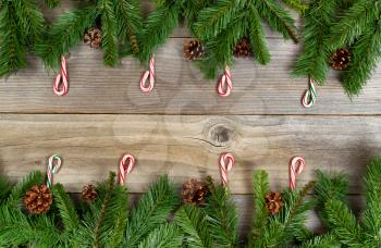 Christmas border, top and bottom of frame, with pine tree branches and candy canes on rustic wooden boards. Layout in horizontal format.  