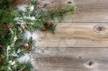 Christmas border with rough evergreen fir branches, cones and snow on rustic wooden boards. Layout in horizontal format.  